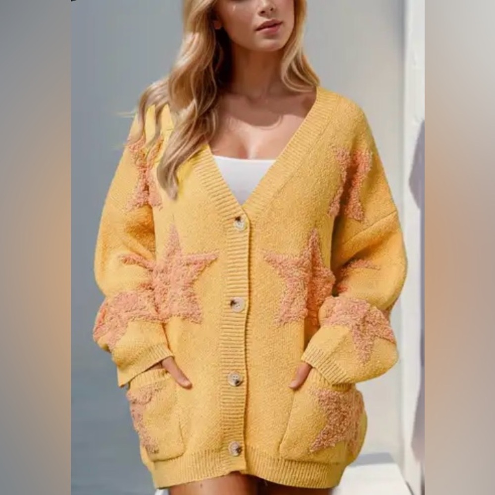 Yellow Star Patterned Chunky Cardigan Sweater - Picture 1 of 4